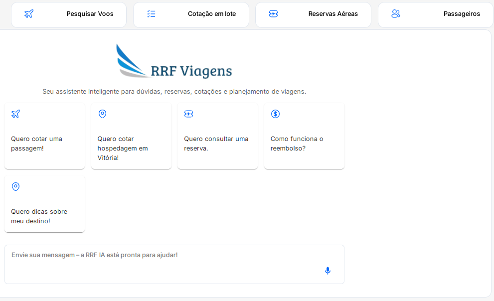 Assistente de IA da RRF Viagens: pesquisa de voos, cotação em lote, reservas aéreas e chat inteligente